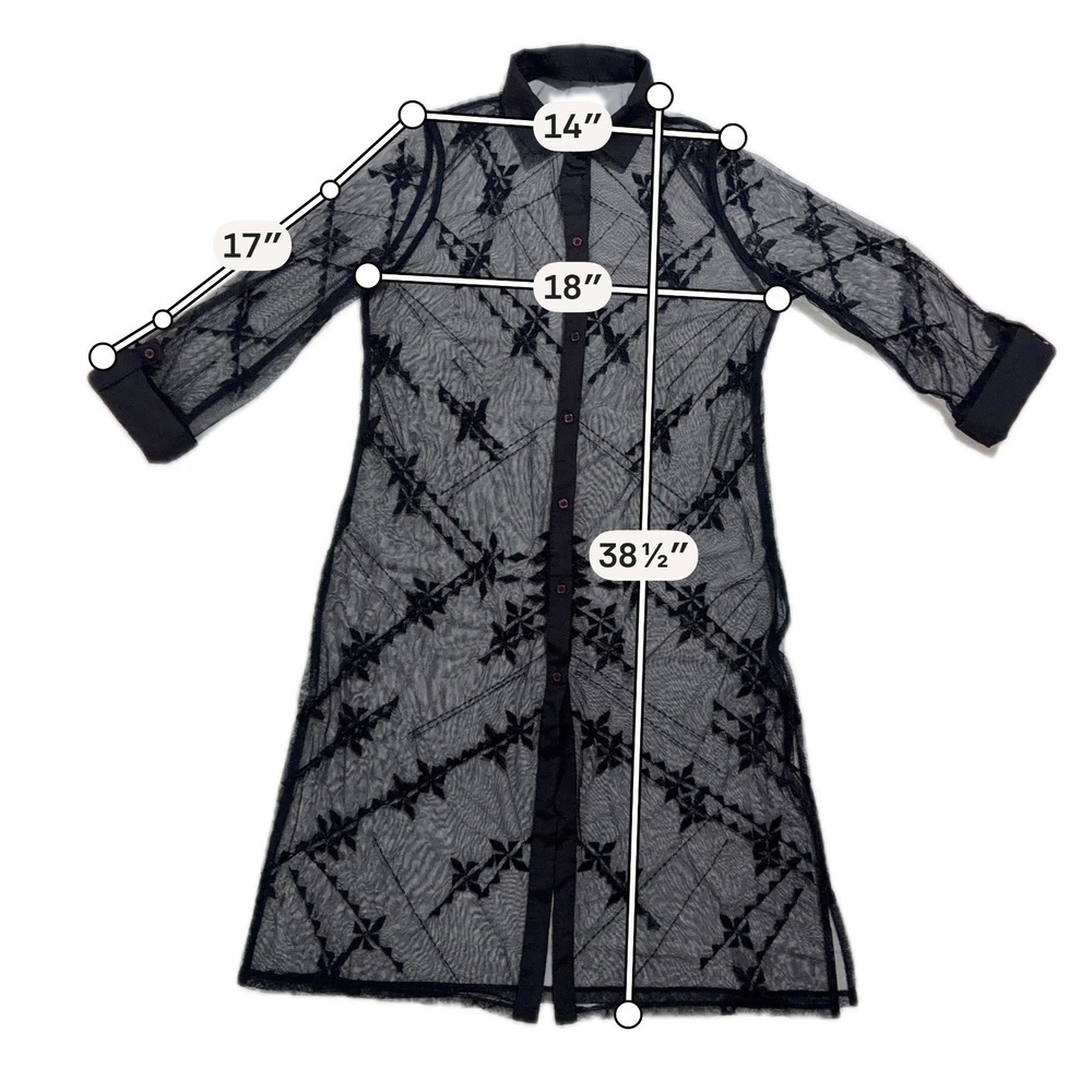 Sheer Black Embroidered Mesh Longline Duster Shirt Cover Up - Picture 5 of 5